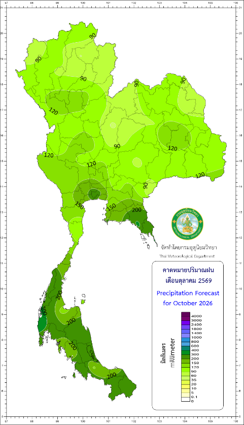 泰国气象局10月预测降水量